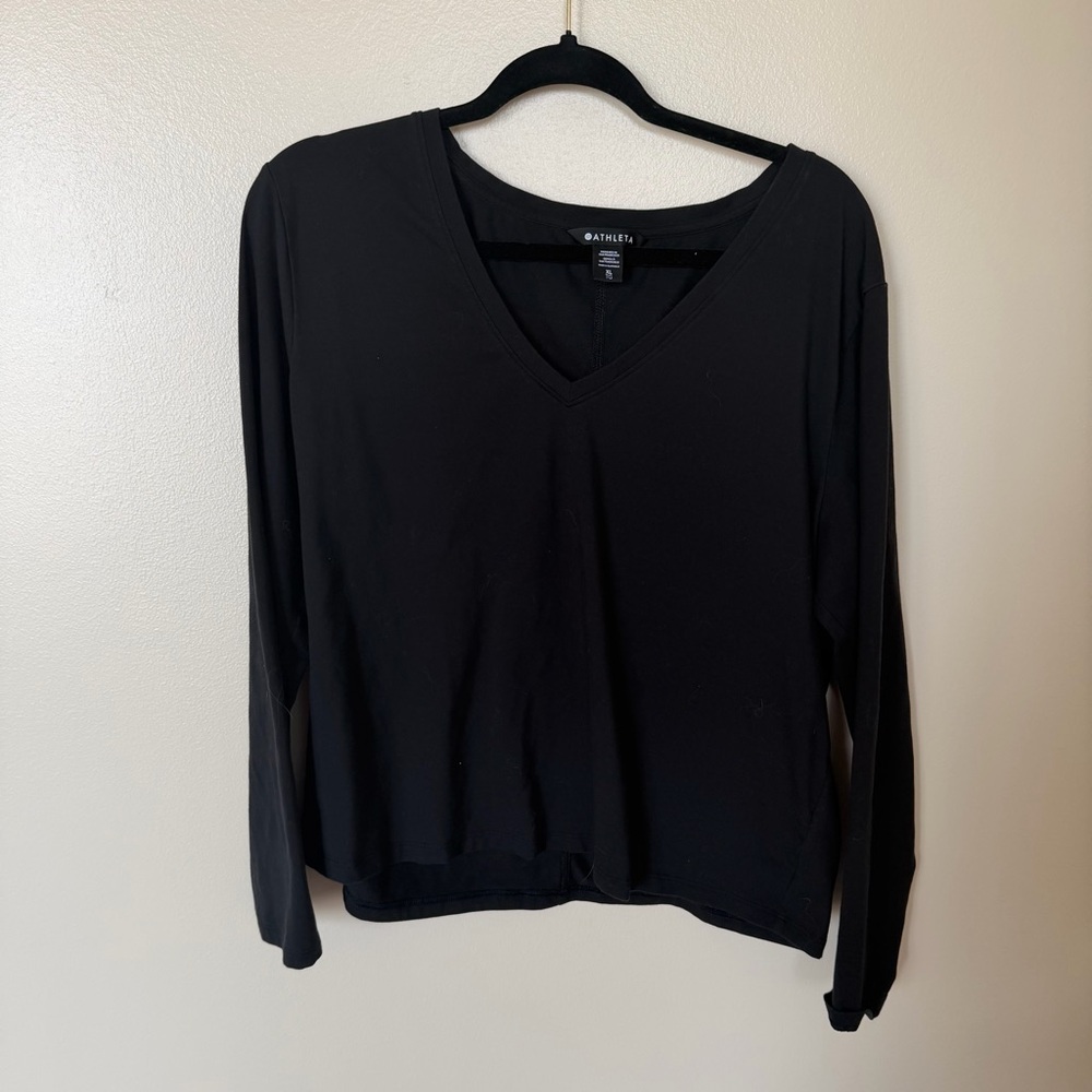 ATHLETA Essential V-Neck Long Sleeve Tee in Black